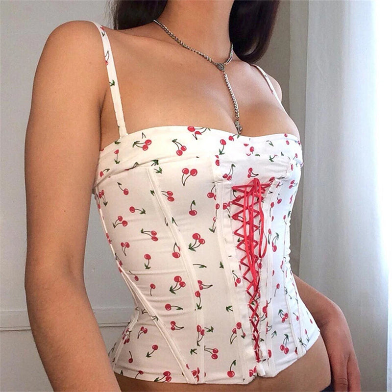 wsevypo Cherry Print Spaghetti Straps Bustiers Crop Tops Summer Sweet Women Sleeveless Low Cut Cross Bandage Corsets Sling Camis