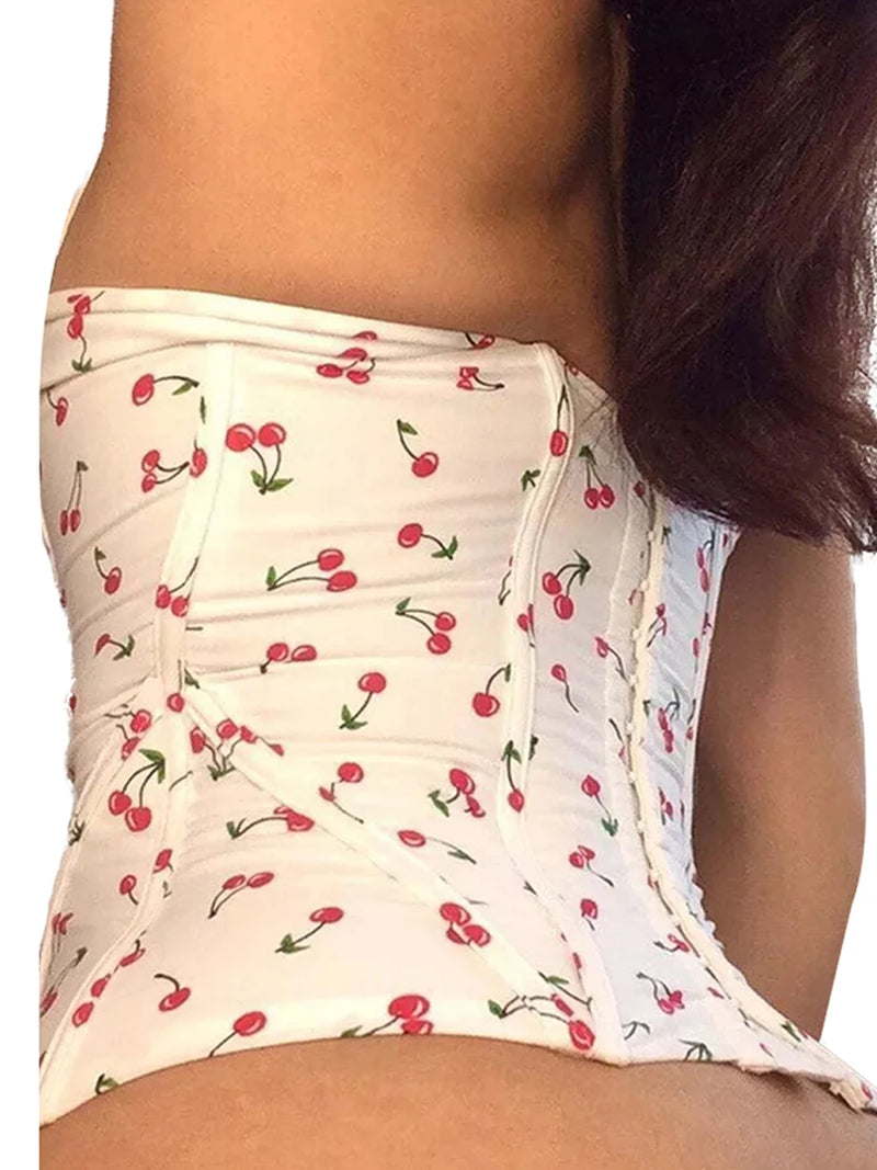 wsevypo Cherry Print Spaghetti Straps Bustiers Crop Tops Summer Sweet Women Sleeveless Low Cut Cross Bandage Corsets Sling Camis