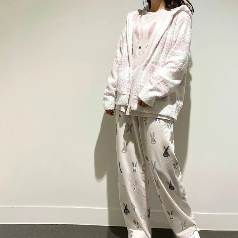 Japanese Cute Cartoon Print O-neck Pullover Pajama Set Casual Loose Long Sleeve Trousers Homewear Suit Autumn Soft Sleepwear