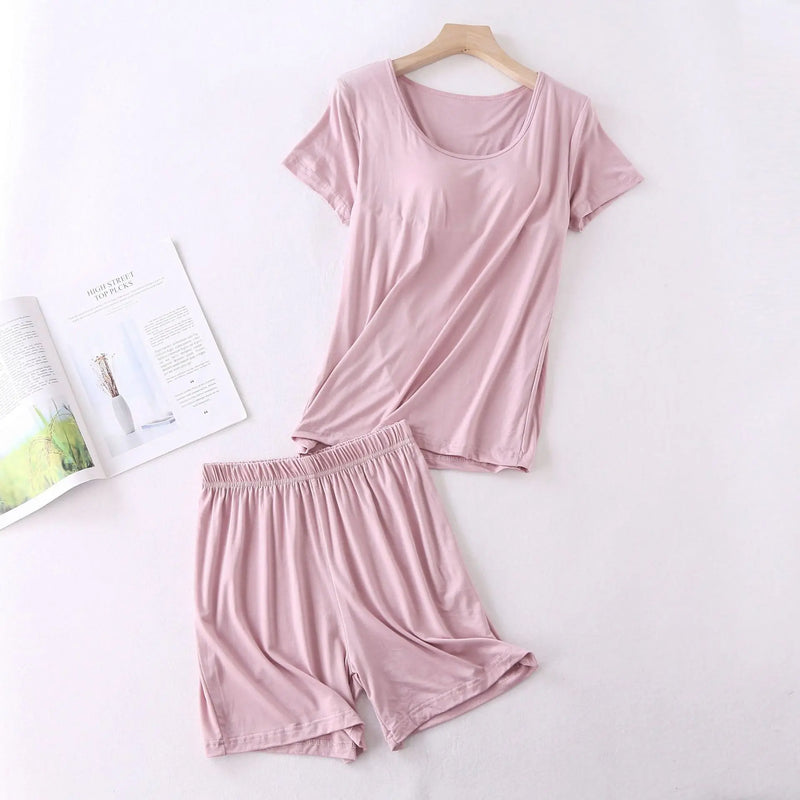 2PCS Pajamas Set Female Modal Nightwear Summer Casual Soft Sleepwear Bathrobe Summer Short Sleep Set With Breast Pad Homewear