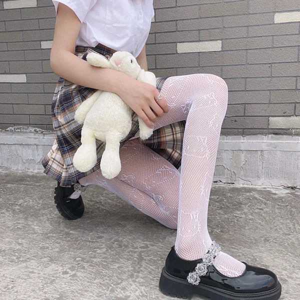 Harajuku Tattoos Tights Kawaii Cat Pattern Fishnet Stockings Cute Lovely Bow Nylon Pantyhose Ins Style Anime Cosplay Hosiery