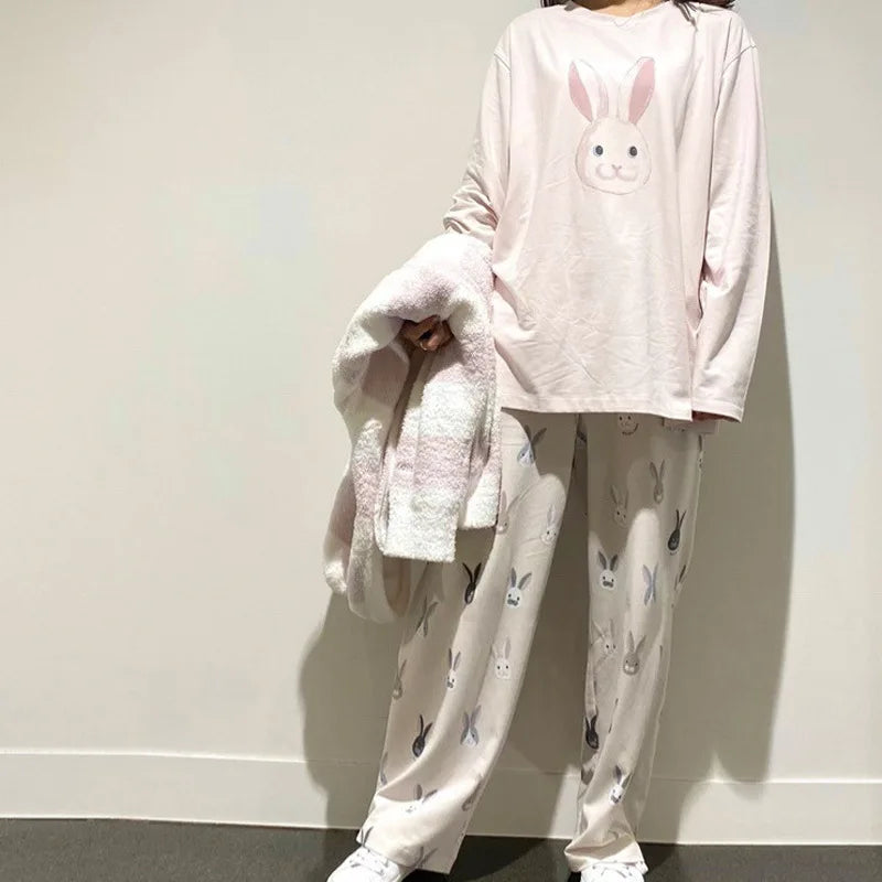 Japanese Cute Cartoon Print O-neck Pullover Pajama Set Casual Loose Long Sleeve Trousers Homewear Suit Autumn Soft Sleepwear