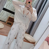 Japanese Cute Cartoon Print O-neck Pullover Pajama Set Casual Loose Long Sleeve Trousers Homewear Suit Autumn Soft Sleepwear