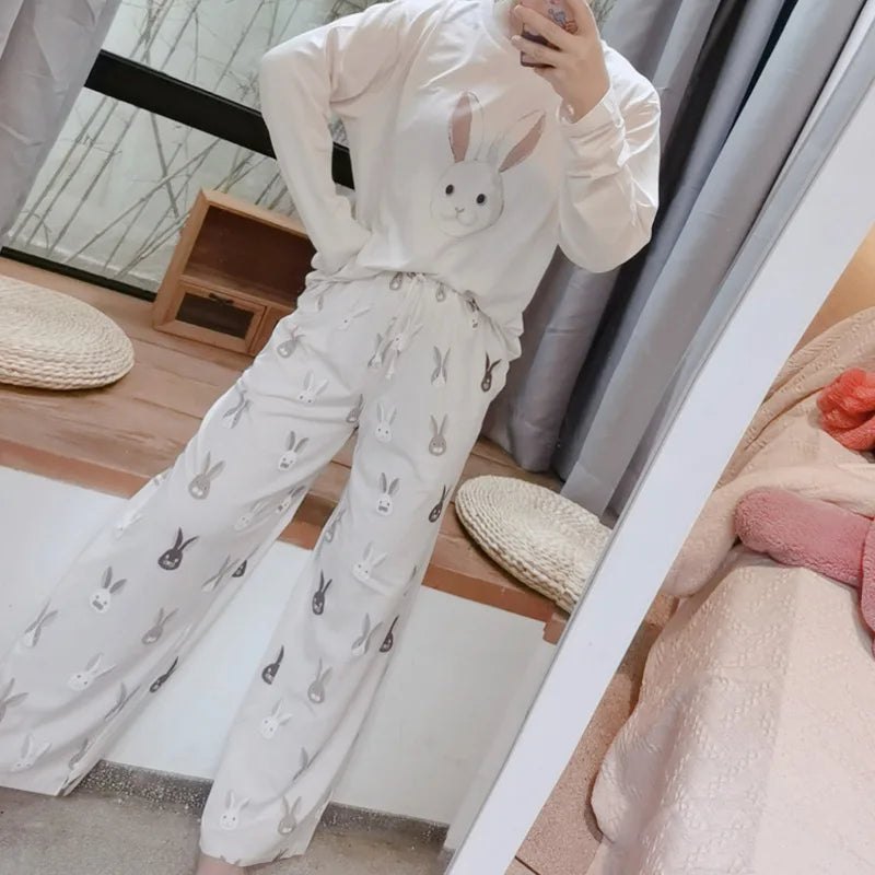 Japanese Cute Cartoon Print O-neck Pullover Pajama Set Casual Loose Long Sleeve Trousers Homewear Suit Autumn Soft Sleepwear