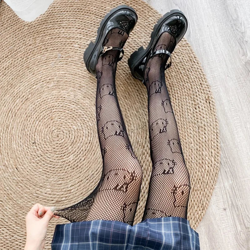 Harajuku Tattoos Tights Kawaii Cat Pattern Fishnet Stockings Cute Lovely Bow Nylon Pantyhose Ins Style Anime Cosplay Hosiery