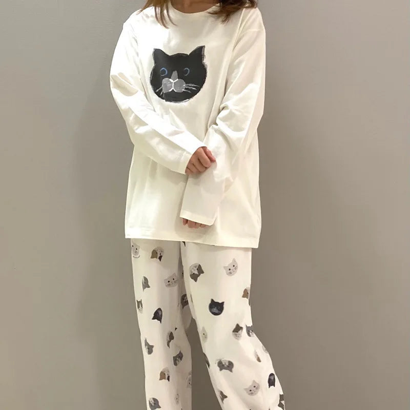 Japanese Cute Cartoon Print O-neck Pullover Pajama Set Casual Loose Long Sleeve Trousers Homewear Suit Autumn Soft Sleepwear