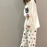 Japanese Cute Cartoon Print O-neck Pullover Pajama Set Casual Loose Long Sleeve Trousers Homewear Suit Autumn Soft Sleepwear