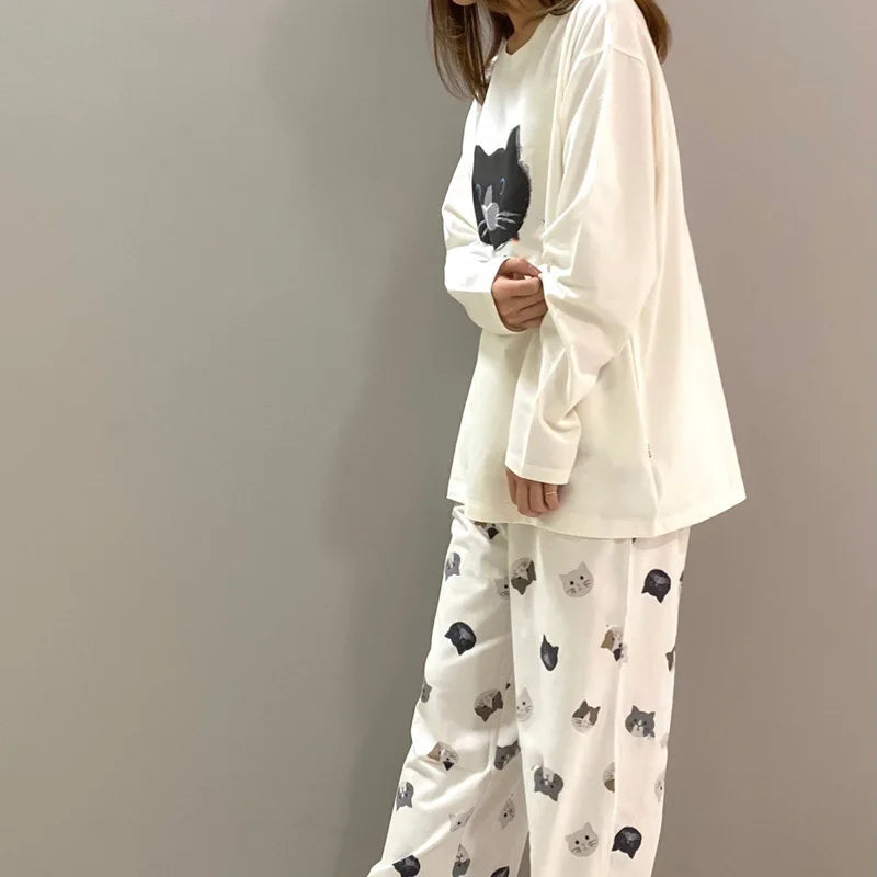 Japanese Cute Cartoon Print O-neck Pullover Pajama Set Casual Loose Long Sleeve Trousers Homewear Suit Autumn Soft Sleepwear