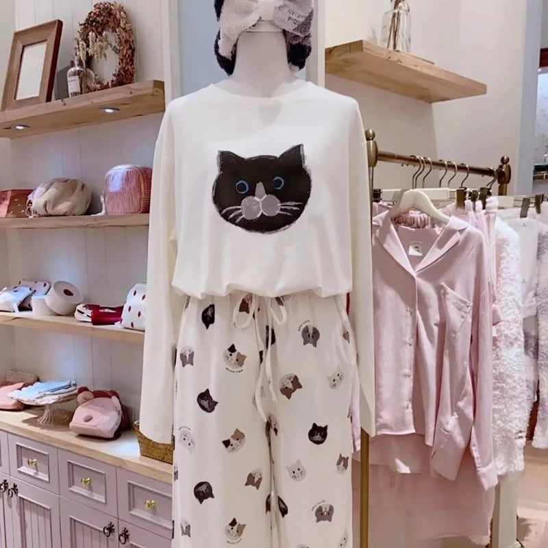 Japanese Cute Cartoon Print O-neck Pullover Pajama Set Casual Loose Long Sleeve Trousers Homewear Suit Autumn Soft Sleepwear