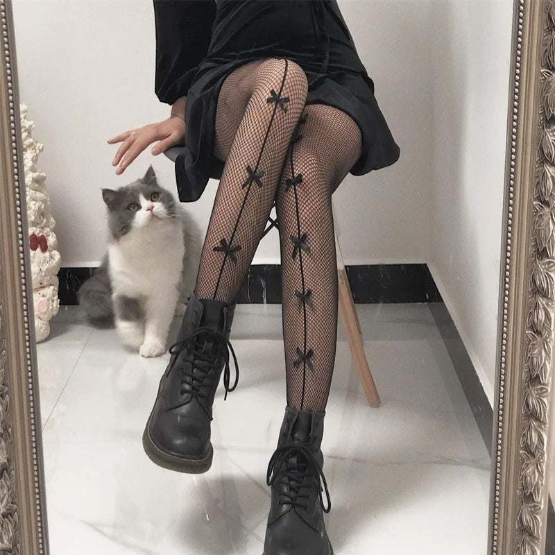 Harajuku Tattoos Tights Kawaii Cat Pattern Fishnet Stockings Cute Lovely Bow Nylon Pantyhose Ins Style Anime Cosplay Hosiery