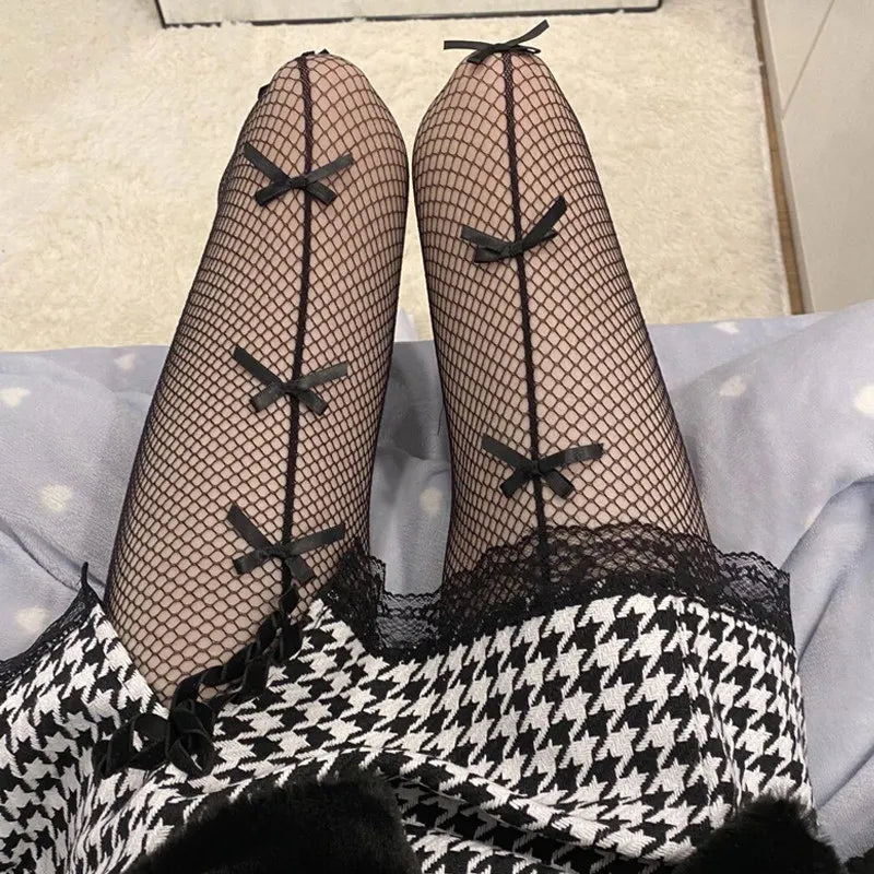 Harajuku Tattoos Tights Kawaii Cat Pattern Fishnet Stockings Cute Lovely Bow Nylon Pantyhose Ins Style Anime Cosplay Hosiery