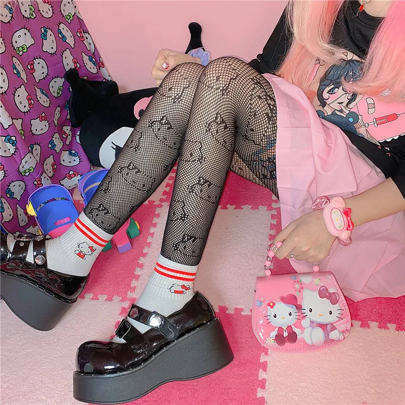 Harajuku Tattoos Tights Kawaii Cat Pattern Fishnet Stockings Cute Lovely Bow Nylon Pantyhose Ins Style Anime Cosplay Hosiery