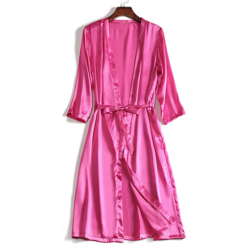 SuyaDream 100% Natural silk Women Robes Silk Satin Knee length robe Belted Healthy Sleep wear 2021 Spring Fall Home Wears Kimono