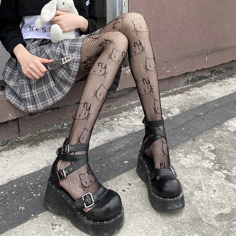 Harajuku Tattoos Tights Kawaii Cat Pattern Fishnet Stockings Cute Lovely Bow Nylon Pantyhose Ins Style Anime Cosplay Hosiery