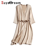 SuyaDream 100% Natural silk Women Robes Silk Satin Knee length robe Belted Healthy Sleep wear 2021 Spring Fall Home Wears Kimono