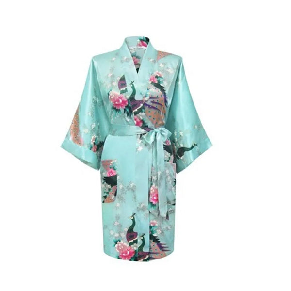 Baby blue Fashion Women's Peacock Kimono Bath Robe Nightgown Gown Yukata Bathrobe Sleepwear Pocket With Belt S M L XL XXL XXXL