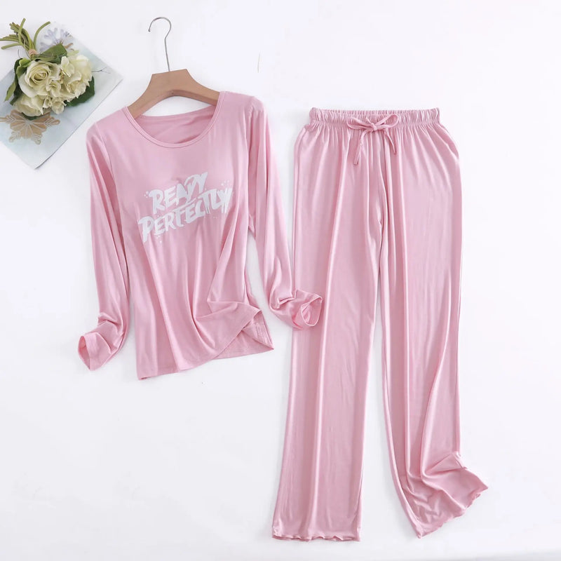 2PCS Pajama Sets Women Long Sleeve Modal Loose Breathable Soft Oversized Ladie's Korean Home Clothing Comfortable Pyjamas Suit