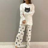 Japanese Cute Cartoon Print O-neck Pullover Pajama Set Casual Loose Long Sleeve Trousers Homewear Suit Autumn Soft Sleepwear