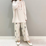 Japanese Cute Cartoon Print O-neck Pullover Pajama Set Casual Loose Long Sleeve Trousers Homewear Suit Autumn Soft Sleepwear