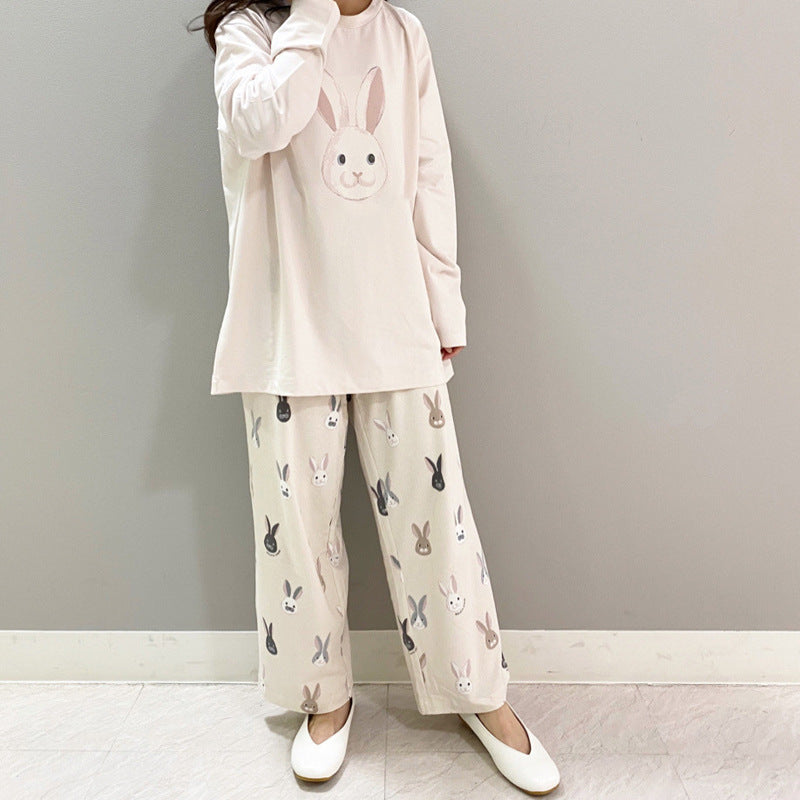 Japanese Cute Cartoon Print O-neck Pullover Pajama Set Casual Loose Long Sleeve Trousers Homewear Suit Autumn Soft Sleepwear