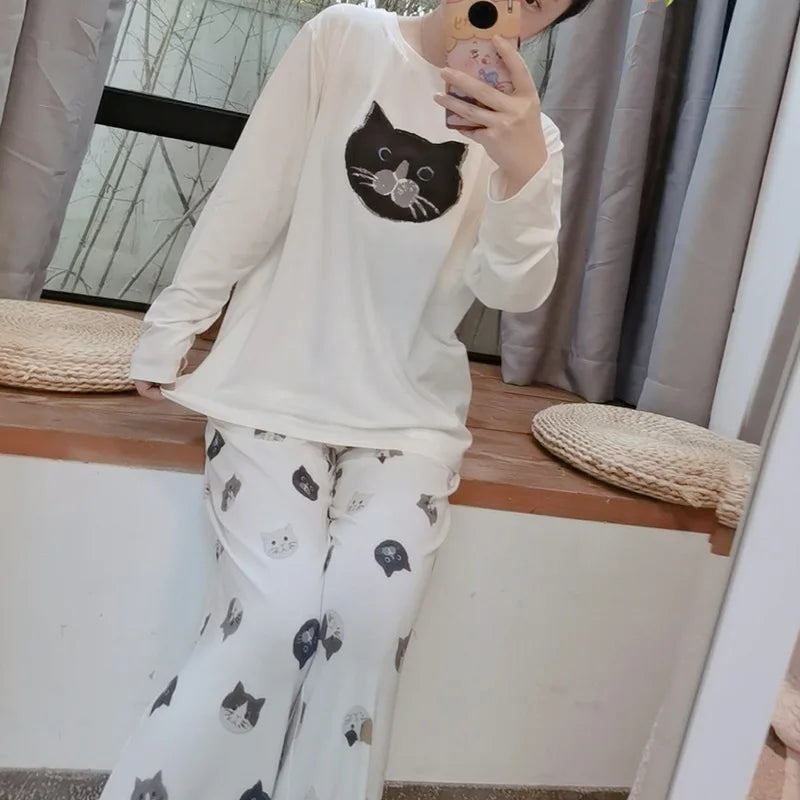 Japanese Cute Cartoon Print O-neck Pullover Pajama Set Casual Loose Long Sleeve Trousers Homewear Suit Autumn Soft Sleepwear