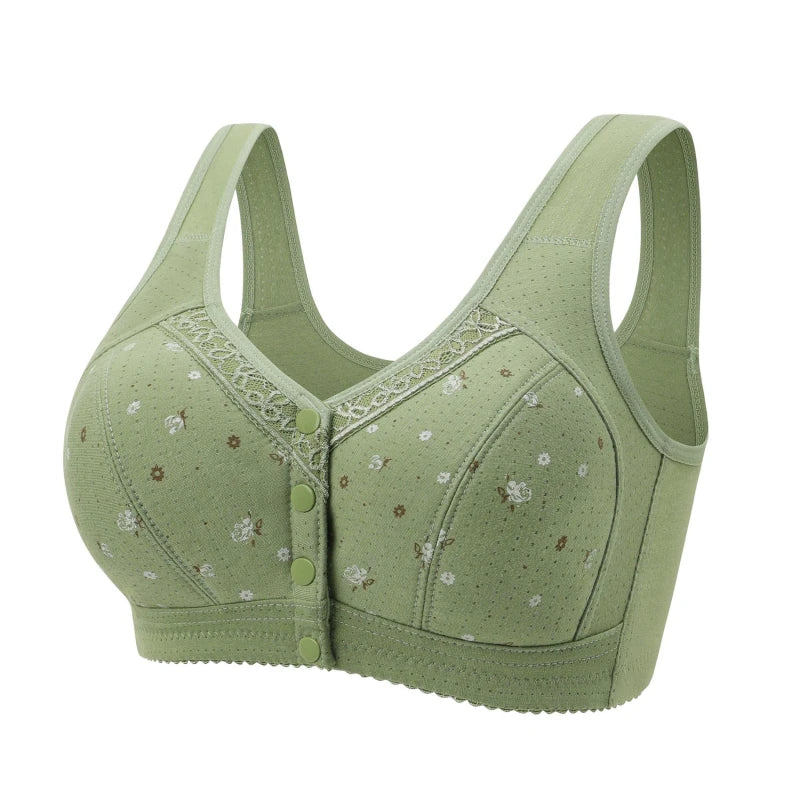 Comfortable Soft Bras Cotton Front-Close Bralette Wide Strap Buttons V Neck Padded Push Up Plus Size Middle Age Women Underwear