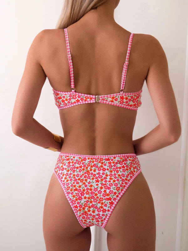 Rose Red Flower Print Bikini Set Women 2024 Summer New High Waist 2 Piece Swimsuit V-neck Bra Push Suspender Backless Swimwear