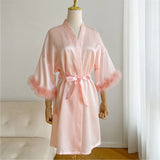 Fashion Satin Robe Female Bathrobe Sexy Lingerie Silk Kimono Bride Dressing Gown Women Sleepwear Furry 3/4 Sleeve Gown Bathrobe