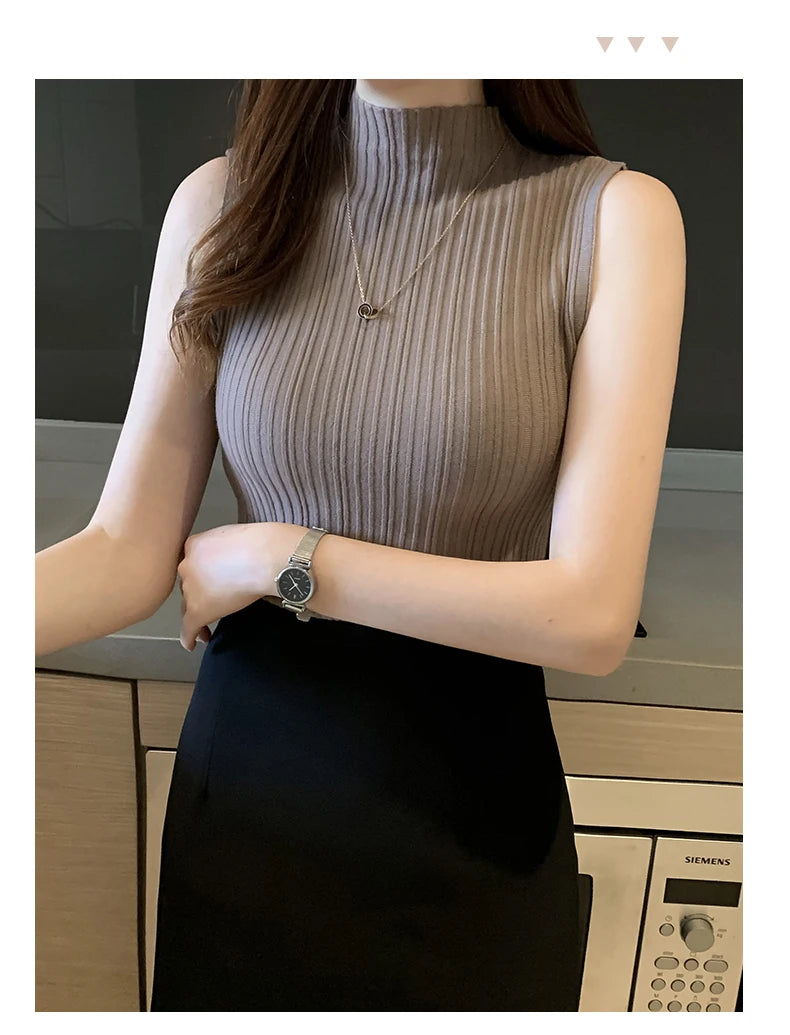 Fashion Women Knitted Vest Solid Color Sleeveless Half High Collar Slim Base Camisole Casual Tank Top Knitwear Summer Streetwear