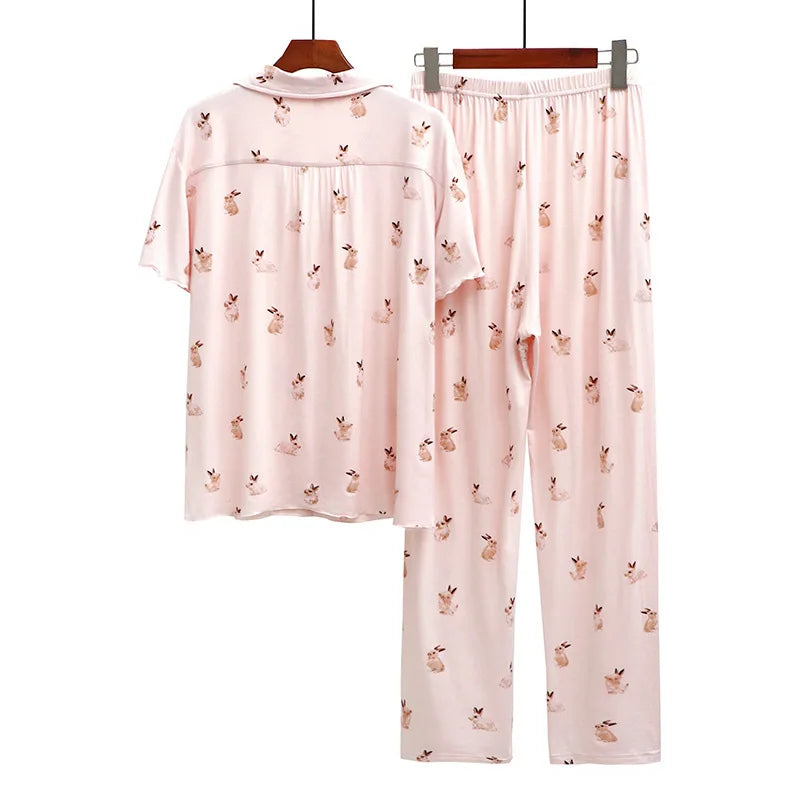 Cute Rabbit Printed Summer Pajama Sets Lapel Short Sleeve Cardigan Trouser Sleepwear Modal Soft Comfortable Homewear Suit