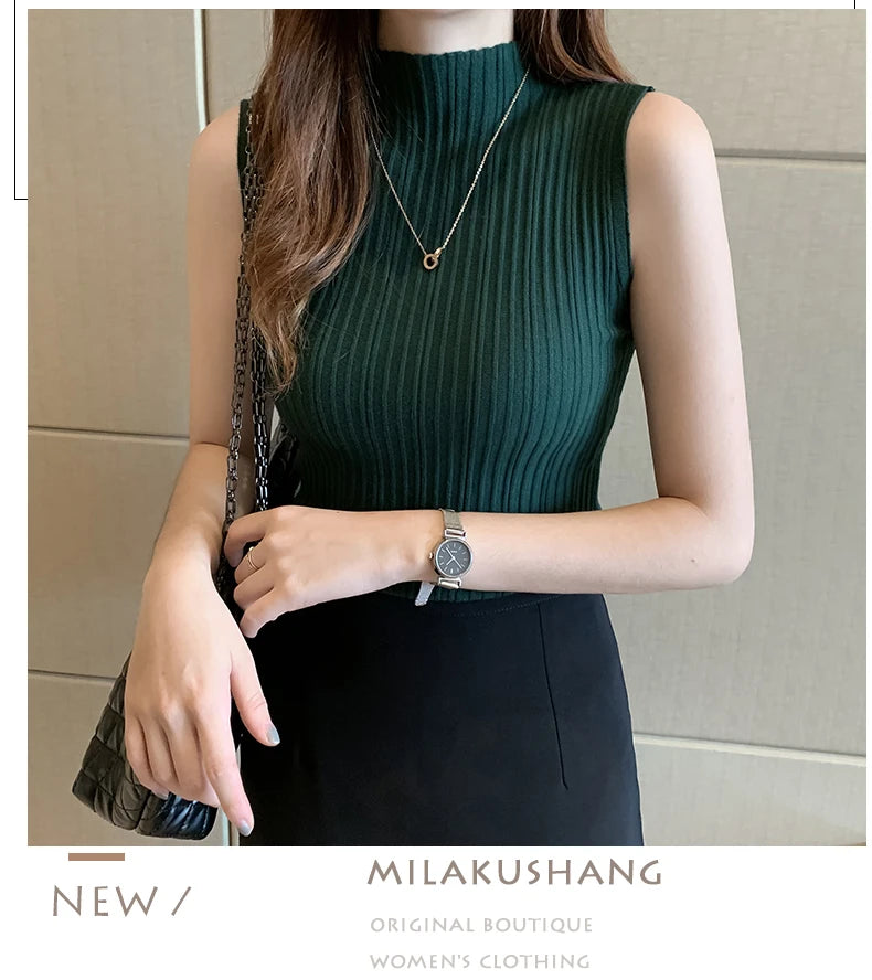 Fashion Women Knitted Vest Solid Color Sleeveless Half High Collar Slim Base Camisole Casual Tank Top Knitwear Summer Streetwear