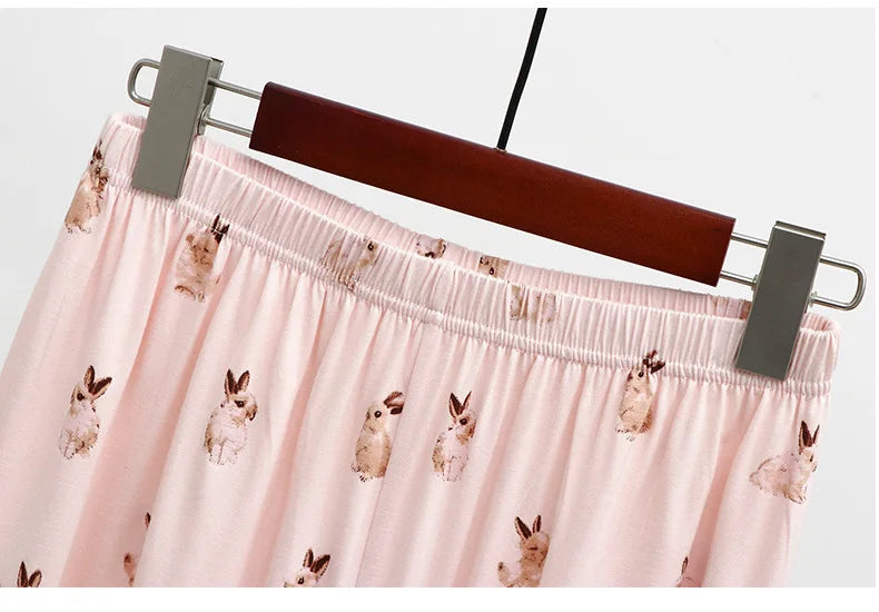 Cute Rabbit Printed Summer Pajama Sets Lapel Short Sleeve Cardigan Trouser Sleepwear Modal Soft Comfortable Homewear Suit