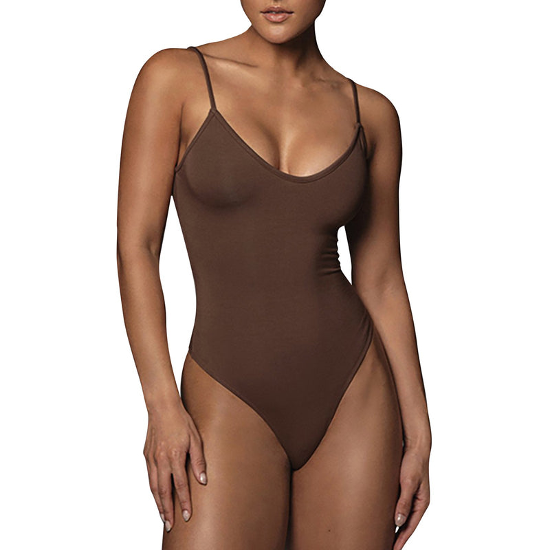 Long Sleeve Bodysuit Solid Color Spaghetti Strap Low Neckline Women's Tight Jumpsuit Sleeveless One Pieces Shapewear Playsuits