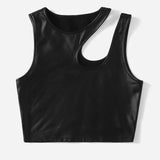 Women's Black Tops Asymmetrical Hollow Out Camisoles PU Leather Bare Midriff Cropped Tops Mujer Slim Fit Streetwear Vest