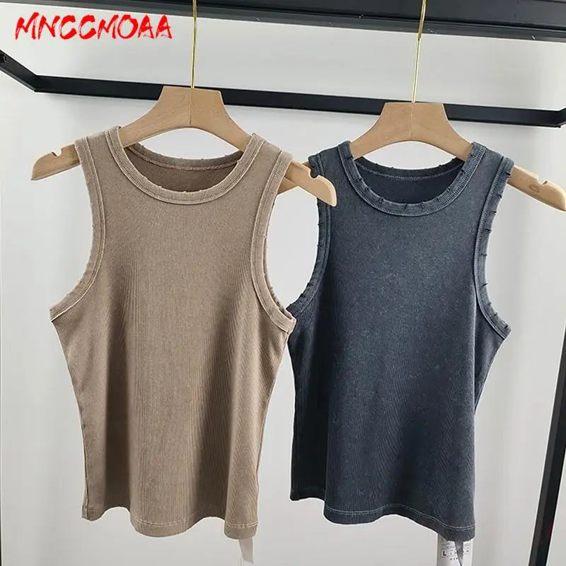 MNCCMOAA 2024 Women Vintage Blue Hole Knitted Y2k Tank Tops Sexy Slim Rib Vest Casual O-Neck Solid Female Sleeveless T Shirts