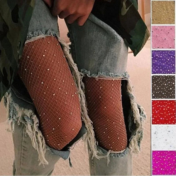 Fishnet Diamond Pantyhose Women  Fashion Shiny Net Tights Female Slim Rhinestone Mesh Nylon Stockings Tights