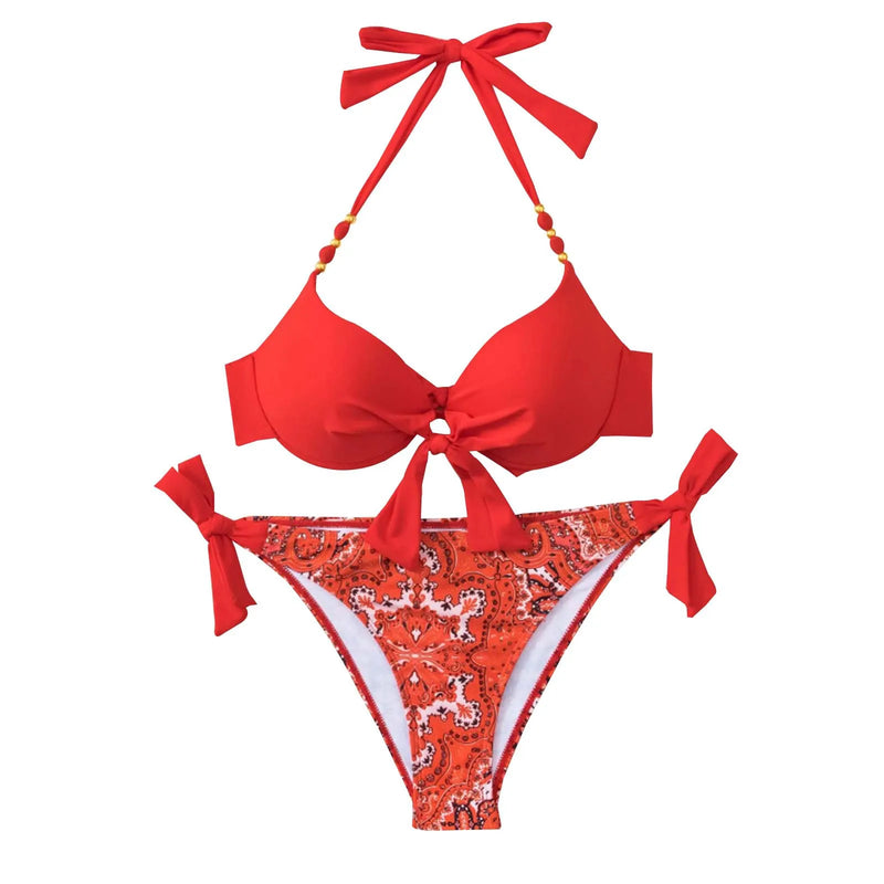 Women's Solid Bikini Set Hanging Neck Suspender Bra And High Rise Bow Knot Lace Up Sexy Swimwear Print Trend Split Swimsuit