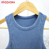 MNCCMOAA 2024 Women Vintage Blue Hole Knitted Y2k Tank Tops Sexy Slim Rib Vest Casual O-Neck Solid Female Sleeveless T Shirts