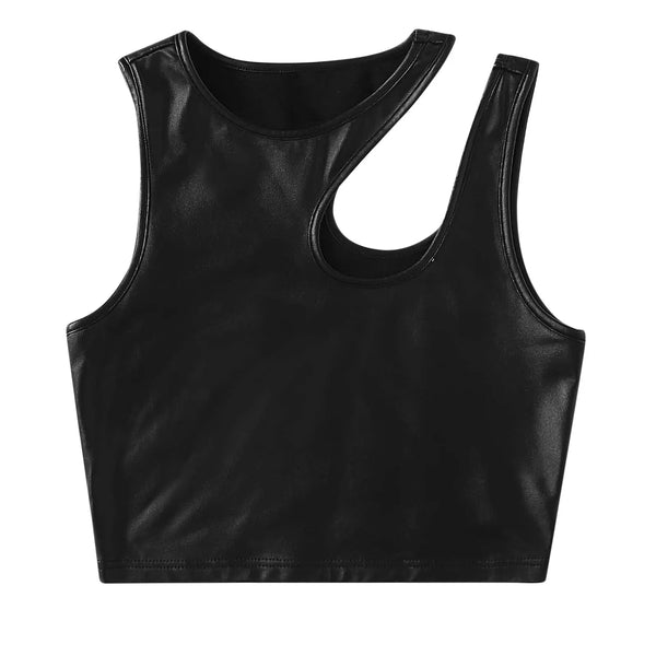 Women's Black Tops Asymmetrical Hollow Out Camisoles PU Leather Bare Midriff Cropped Tops Mujer Slim Fit Streetwear Vest