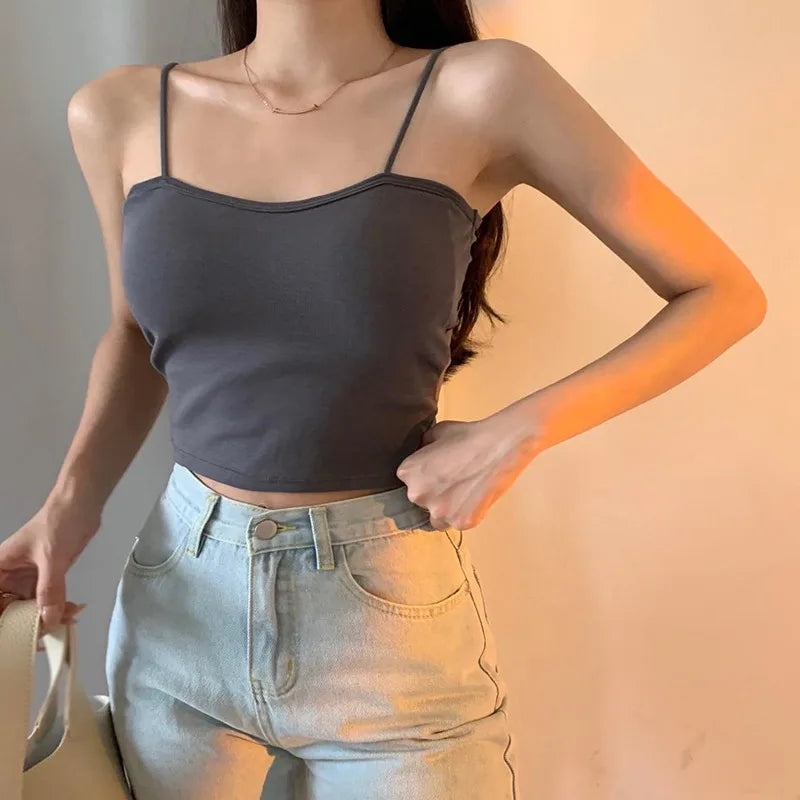 Women's Solid Sweet Camisole With Chest Pad Slimming Fit Fashion Yoga Sports Casual Versatile Cropped Top With Built In Bra