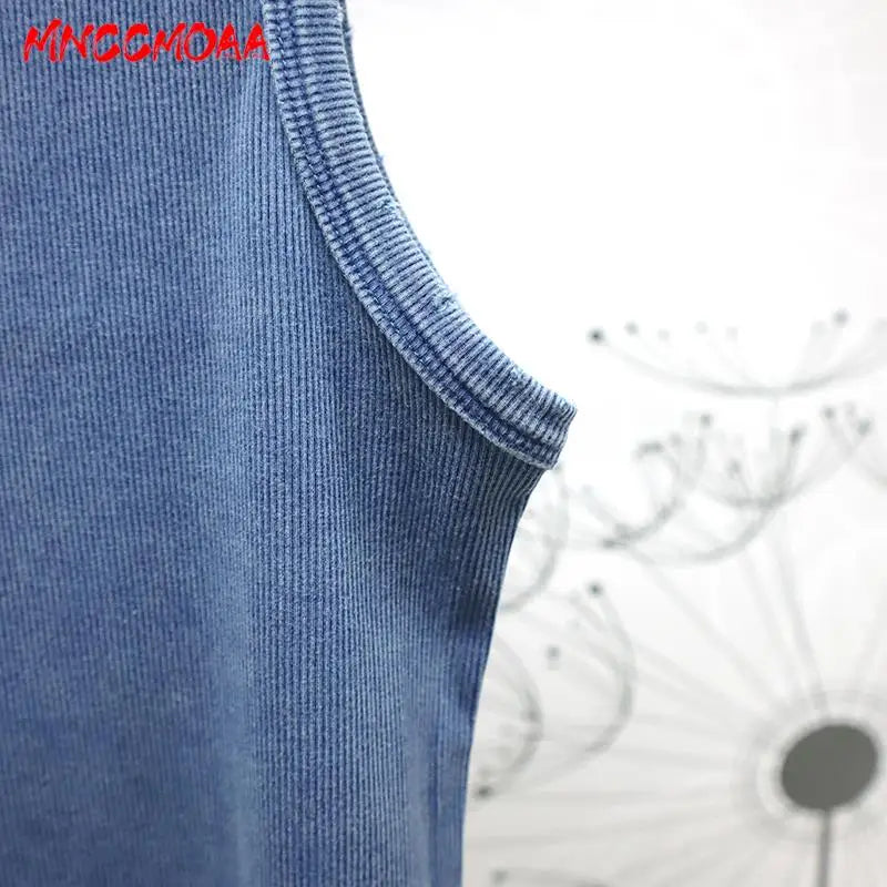 MNCCMOAA 2024 Women Vintage Blue Hole Knitted Y2k Tank Tops Sexy Slim Rib Vest Casual O-Neck Solid Female Sleeveless T Shirts