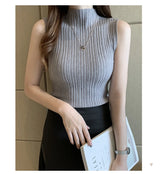 Fashion Women Knitted Vest Solid Color Sleeveless Half High Collar Slim Base Camisole Casual Tank Top Knitwear Summer Streetwear