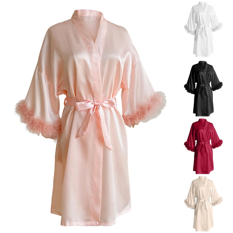 Fashion Satin Robe Female Bathrobe Sexy Lingerie Silk Kimono Bride Dressing Gown Women Sleepwear Furry 3/4 Sleeve Gown Bathrobe