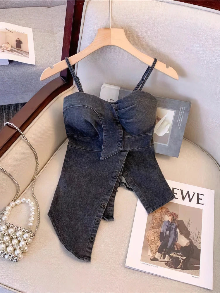 Coquette Comisoles Sleeveless Denim Tops Sexy Women Summer Jeans Tanks Crop Top Removable Strapless Cowboy Bustier Corset