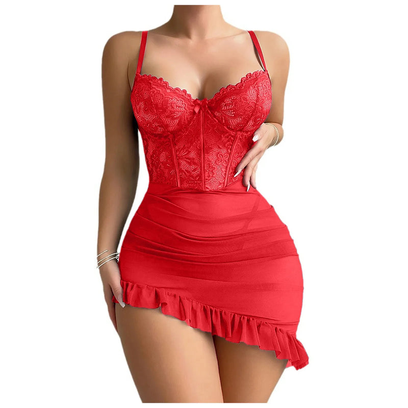 Sexy Lingerie For Women Mesh Splicing Dress With Underwire Push Up Bra Lace Chemise Ruffle Hem Sleepwear Pajamas For Women Set