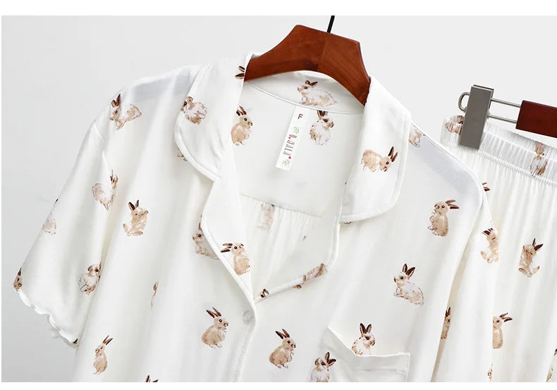 Cute Rabbit Printed Summer Pajama Sets Lapel Short Sleeve Cardigan Trouser Sleepwear Modal Soft Comfortable Homewear Suit