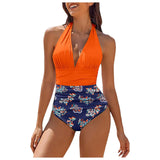 Women'S Halter Bikini Top V Neck Pleated Sexy Backless Flower Print High Waisted One Piece Swimsuit Summer Sports Bras Biquinis