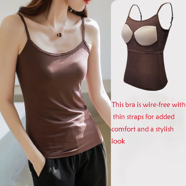 Modal Ribbed Camisole with Padded Bust Women Sleeveless Undershirt Summer Solid Color Outerwear Concealing Side Cleavage C4881