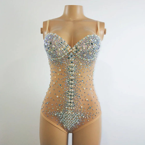 Sexy V Neck Perspective Mesh Elastic Crystals Bodysuit Women Dancer Stage Performance Costume Luxurious Gemstones Pearls Tights