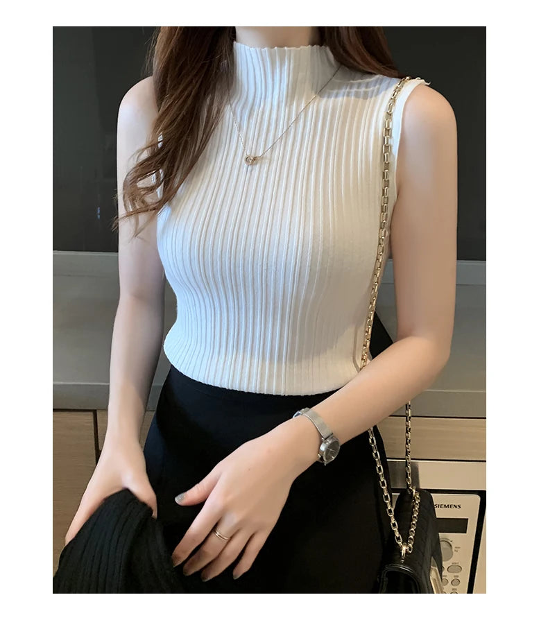 Fashion Women Knitted Vest Solid Color Sleeveless Half High Collar Slim Base Camisole Casual Tank Top Knitwear Summer Streetwear